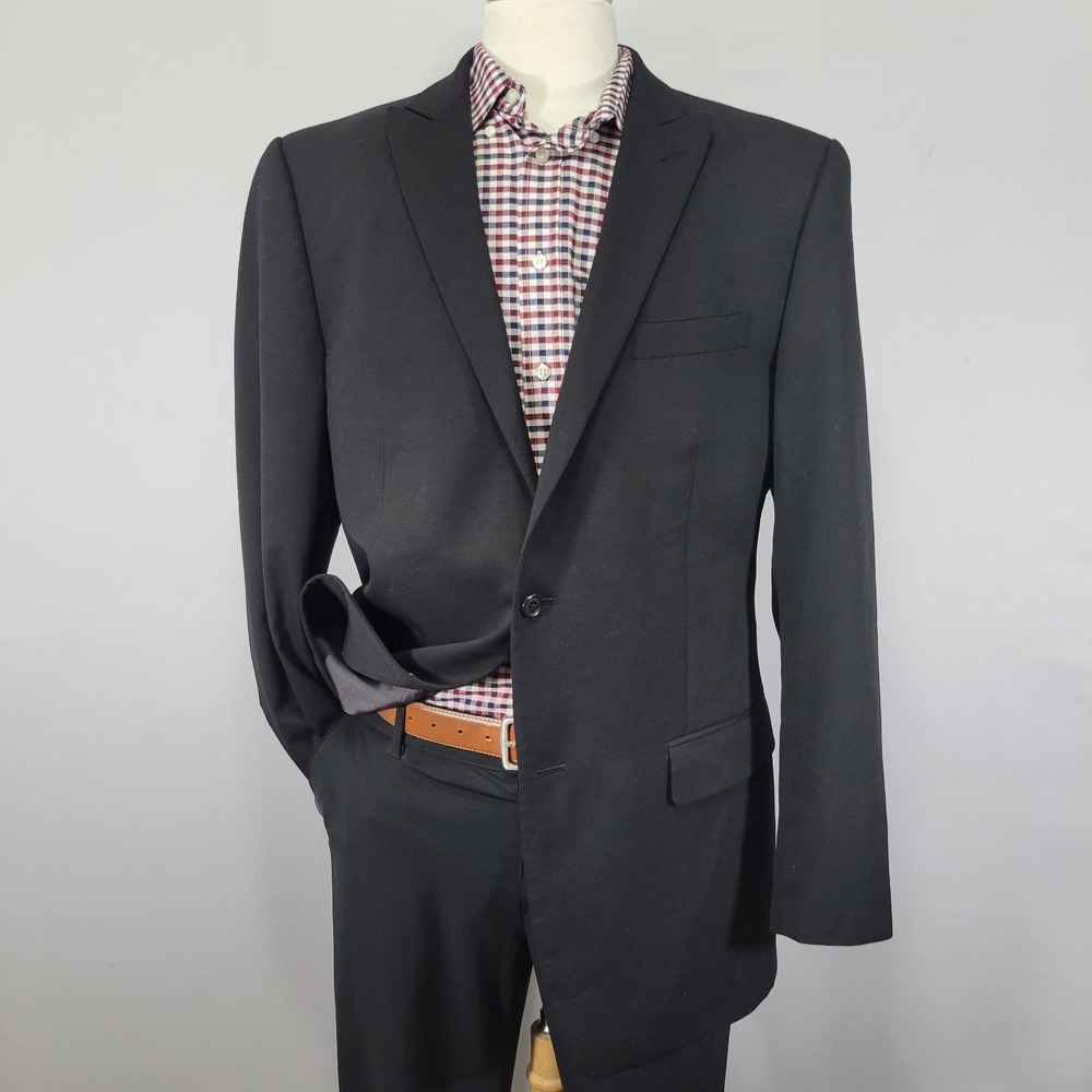 APT.9 Men's Sport Coat Blazer Two Button Peak Black Twill Wool Modern Fit 44Lβ